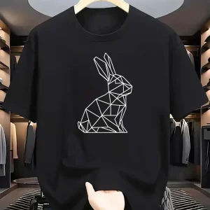 2025 Summer New Men 100% Cotton Short Sleeve Geometric Rabbit Shaped Print Casual Breathable Top Outdoor Sports Fitness T-shirt