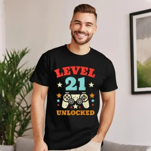 Loose Adult T-shirts Level 21 Unlocked Video Gamer Funny Tees 100% Cotton Fabric Round Neck Tee Shirts Short Sleeve